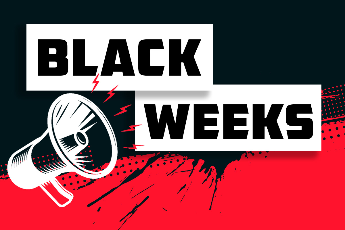Bild mit schwarzem Hintergrund und Black Week aufschrift in roter Schrift.
