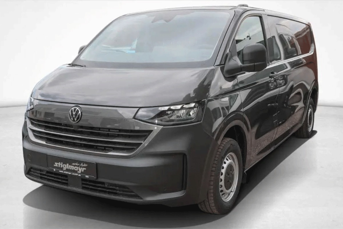 Bild zeigt den im linken Teil beworbenen Volkswagen e-Transporter Kasten im Leasingangebot für Firmenkunden