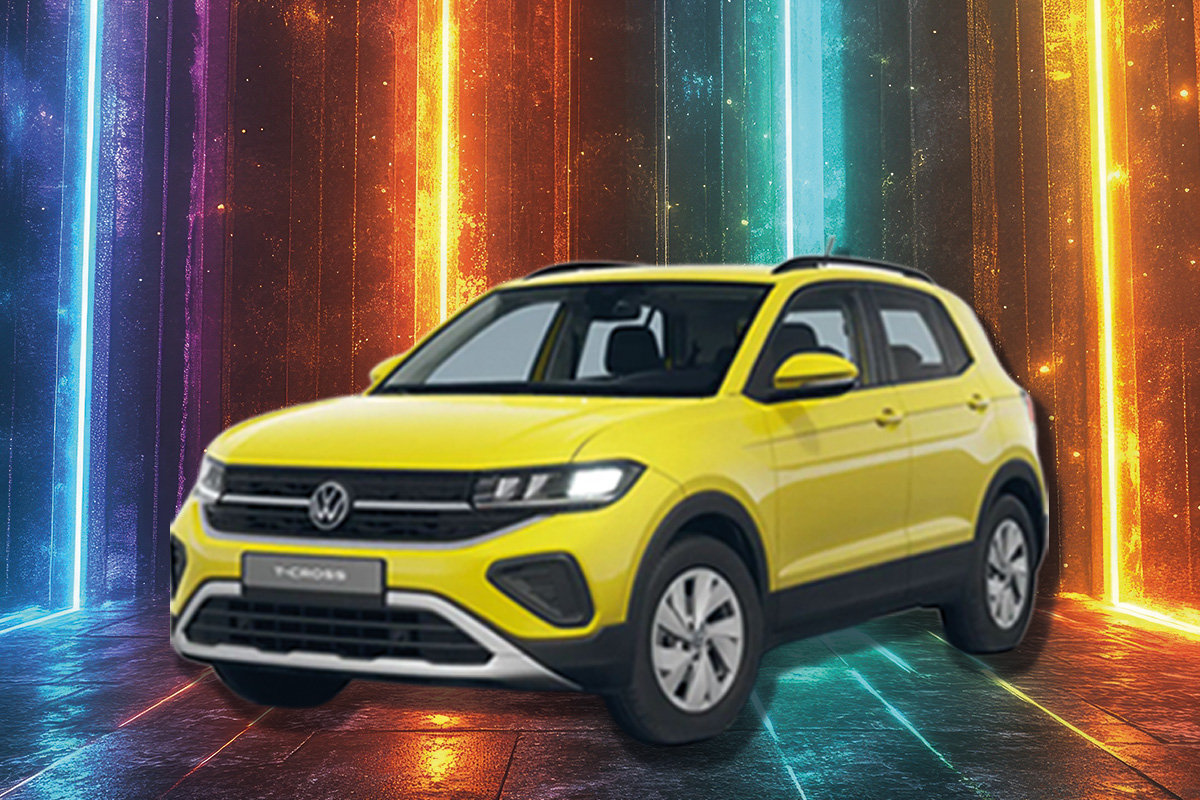 VW T-Cross aus dem Angebot vor buntem Hintergrund