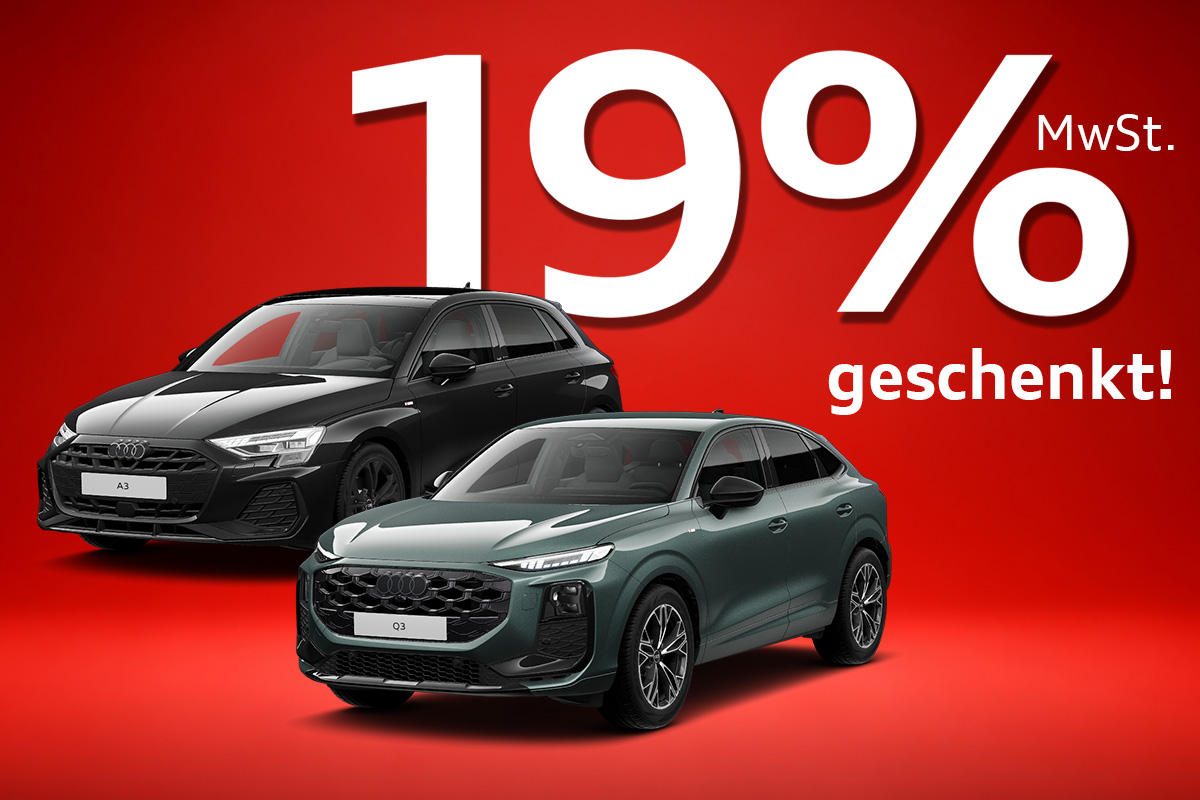 Audi A3 und Q3 vor rotem Hintergrund mit 19% MwSt. geschenkt Schrift