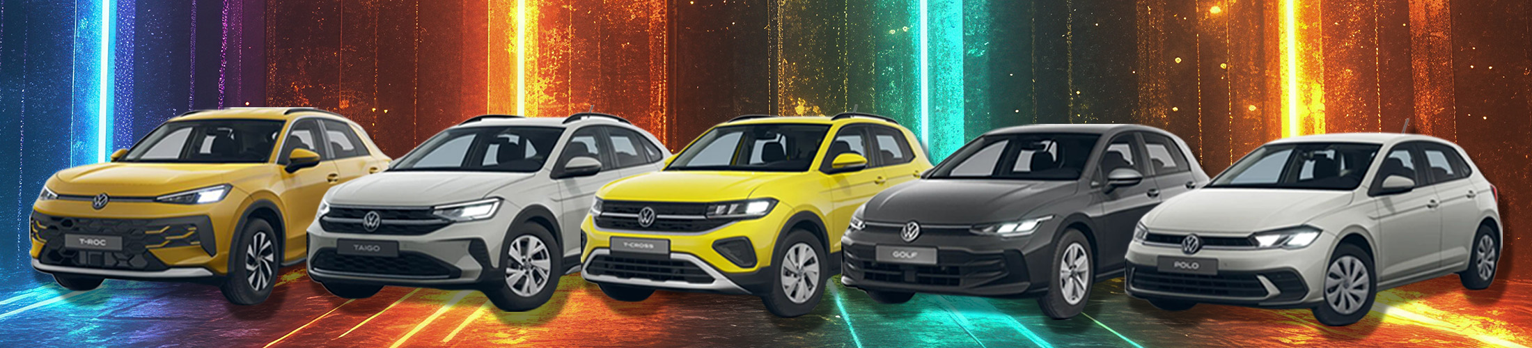 VW All Star Leasing Modelle nebeneinander vor buntem Hintergrund