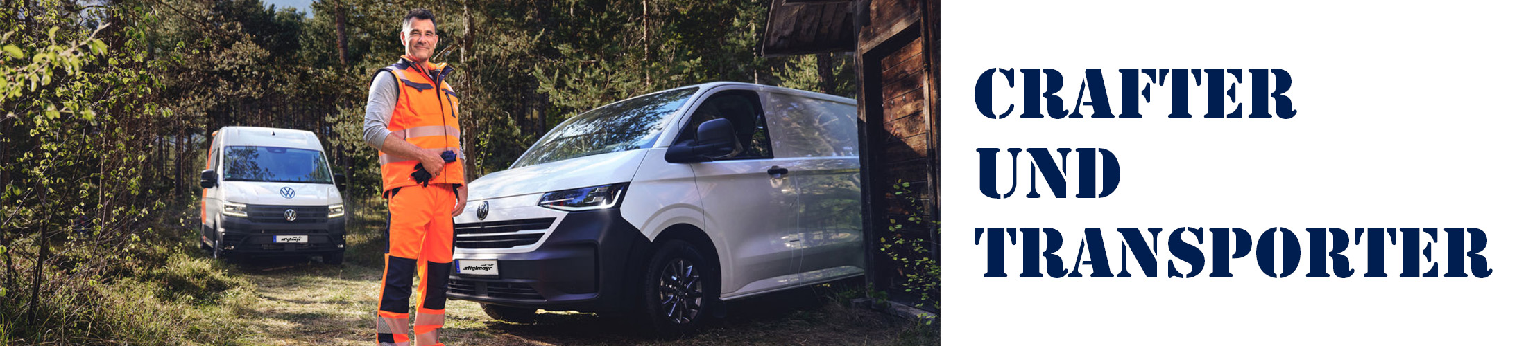 bild zeit Arbeiter im Wald vor einem weißen VW Crafter und VW Transporter