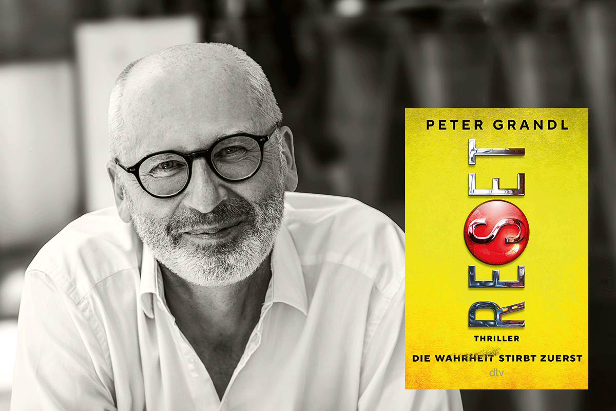 Peter Grandl lächelt in die Kamera, daneben das Buchcover des Thriller Reset