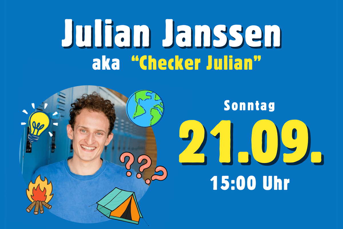 Plakat von Julian Janssen aka "Checker Julian" mit Uhrzeit und Datum seines Live Besuchs in Pfaffenhofen
