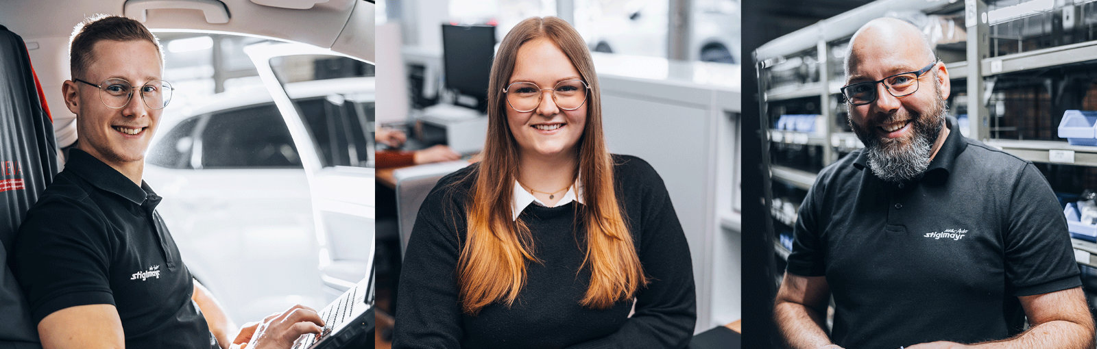 Bild zeigt drei Mitarbeiter in verschiedenen Abteilungen.